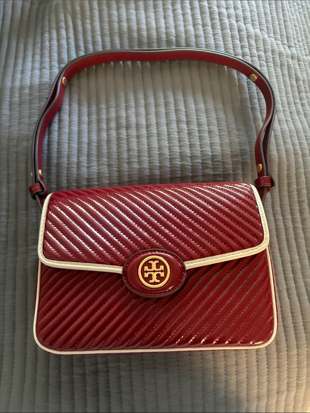 Tory Burch Red Quilted Patent Shoulder Bag with Cream Trim and Gold Logo